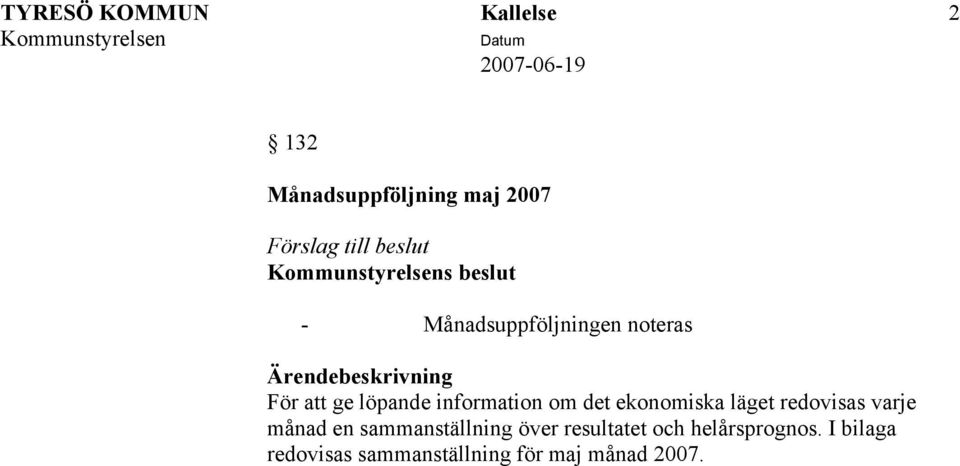 redovisas varje månad en sammanställning över resultatet och