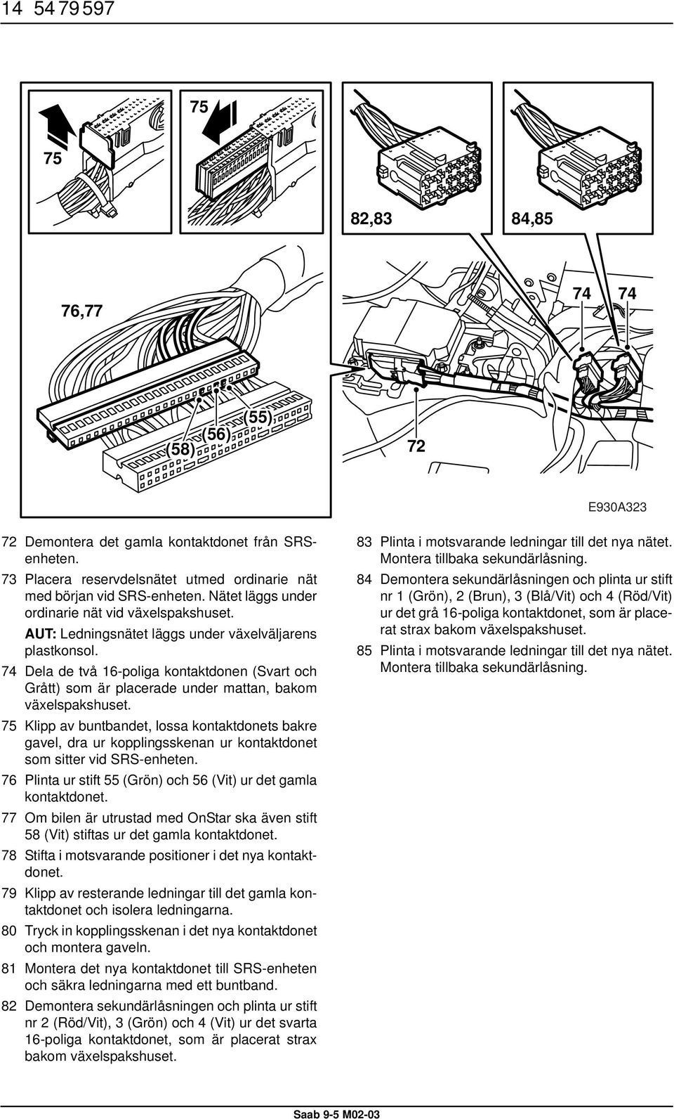 74 Dela de två 16-poliga kontaktdonen (Svart och Grått) som är placerade under mattan, bakom växelspakshuset.