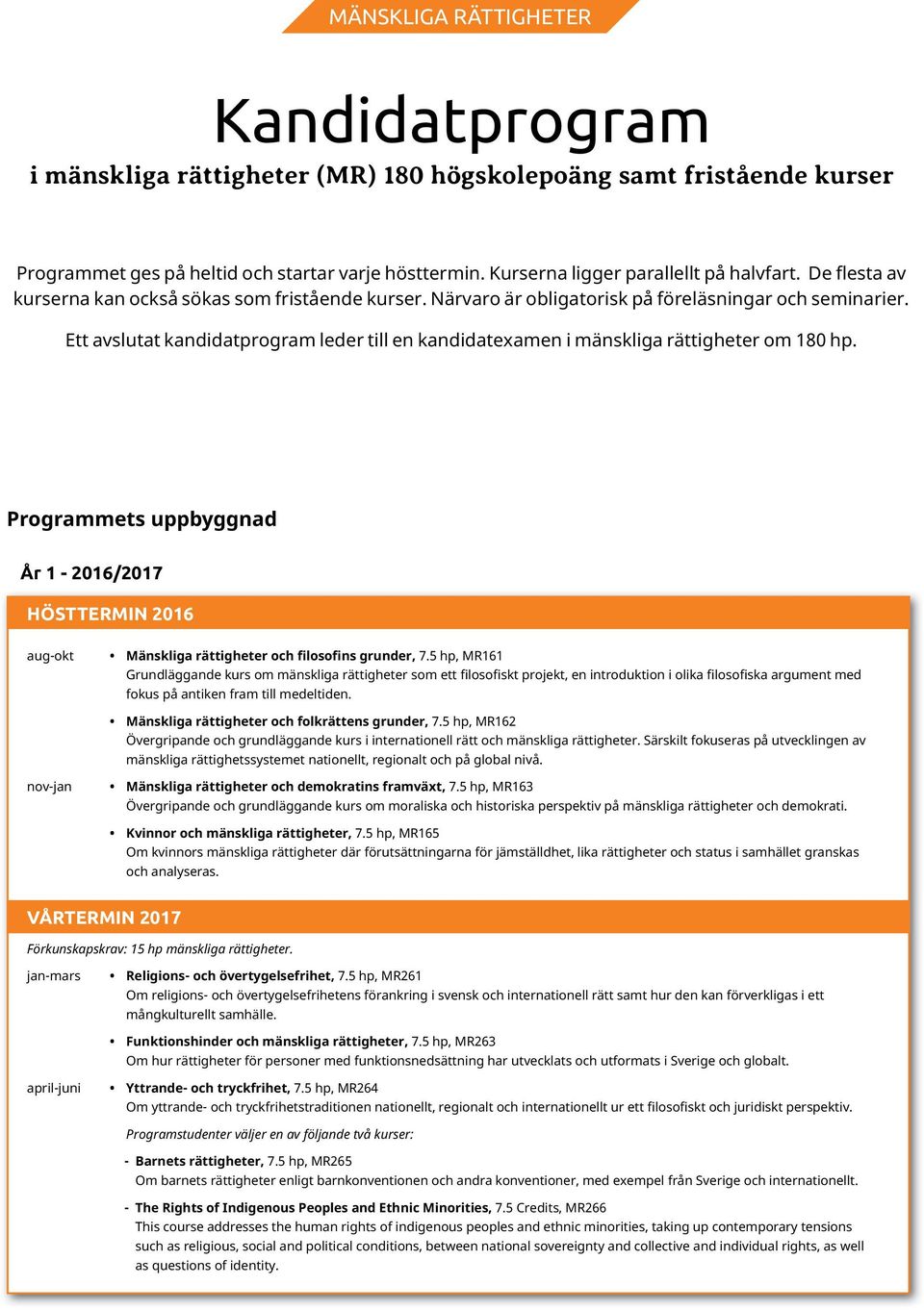 Ett avslutat kandidatprogram leder till en kandidatexamen i mänskliga rättigheter om 180 hp.