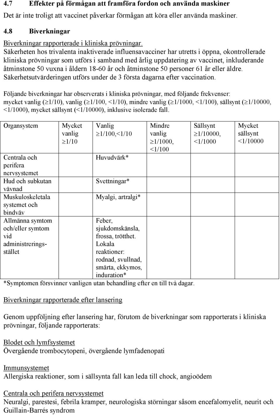 Säkerheten hos trivalenta inaktiverade influensavacciner har utretts i öppna, okontrollerade kliniska prövningar som utförs i samband med årlig uppdatering av vaccinet, inkluderande åtminstone 50