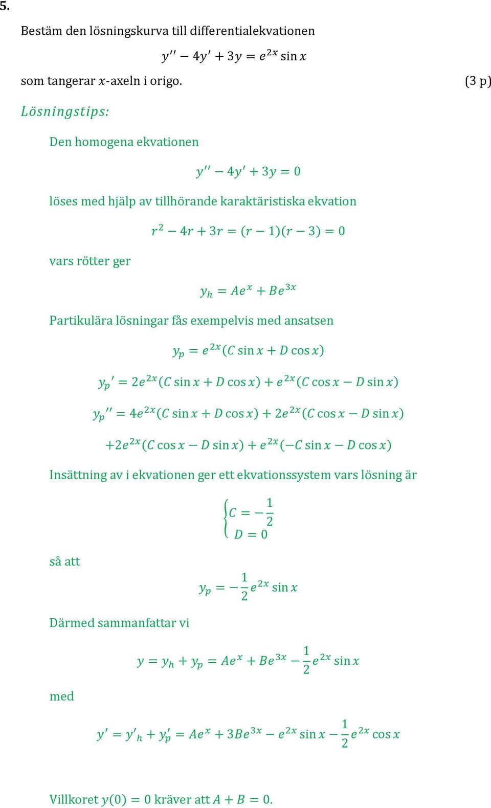 exempelvis me ansatsen y p = e x (C sin x + D cos x) y p = e x (C sin x + D cos x) + e x (C cos x D sin x) y p = 4e x (C sin x + D cos x) + e x (C cos x D sin x) +e x (C cos x D sin x)