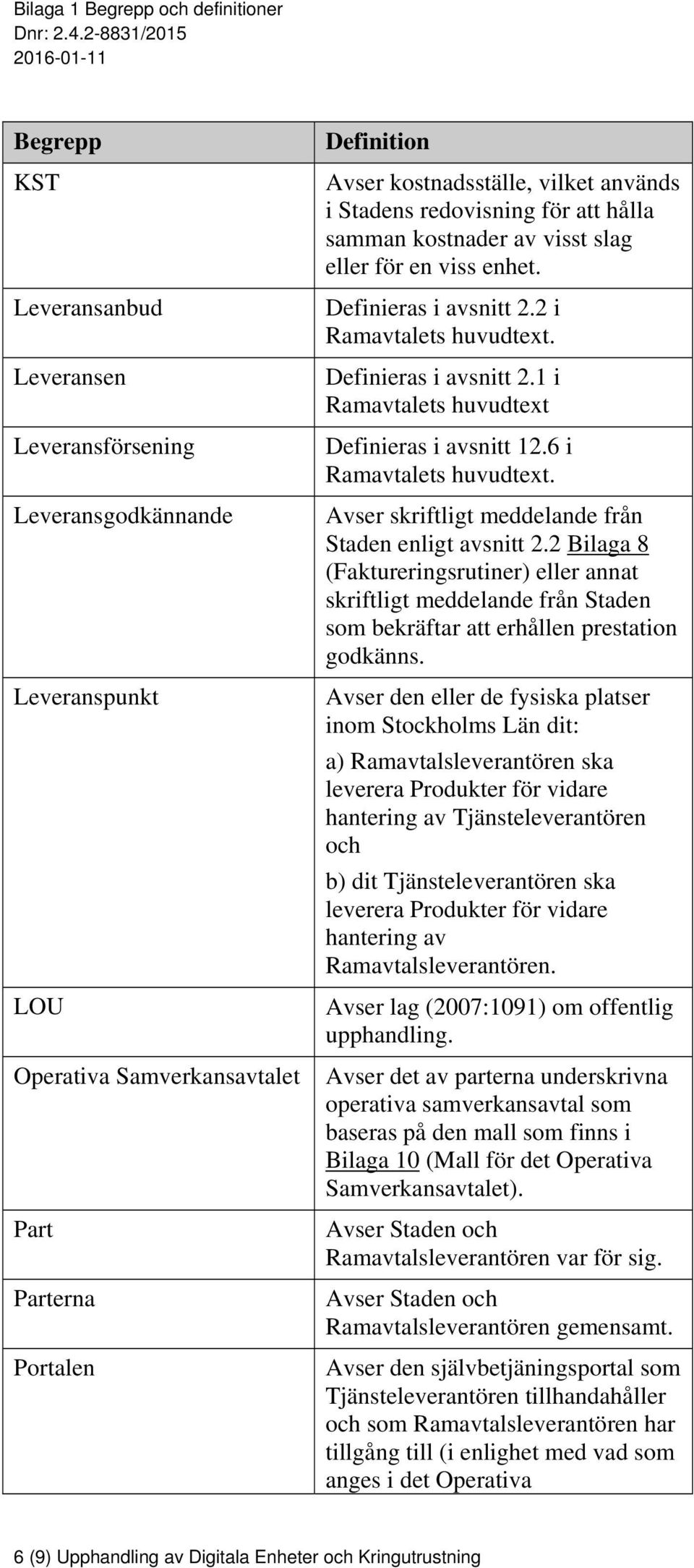 6 i Avser skriftligt meddelande från Staden enligt avsnitt 2.2 Bilaga 8 (Faktureringsrutiner) eller annat skriftligt meddelande från Staden som bekräftar att erhållen prestation godkänns.