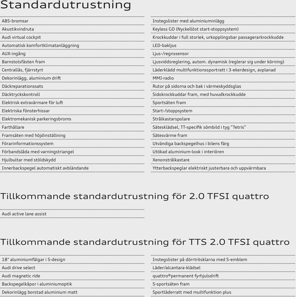 Förbandslåda med varningstriangel Hjulbultar med stöldskydd Innerbackspegel automatiskt avbländande Instegslister med aluminiuminlägg Keyless GO (Nyckellöst start-stoppsystem) Krockkuddar i full