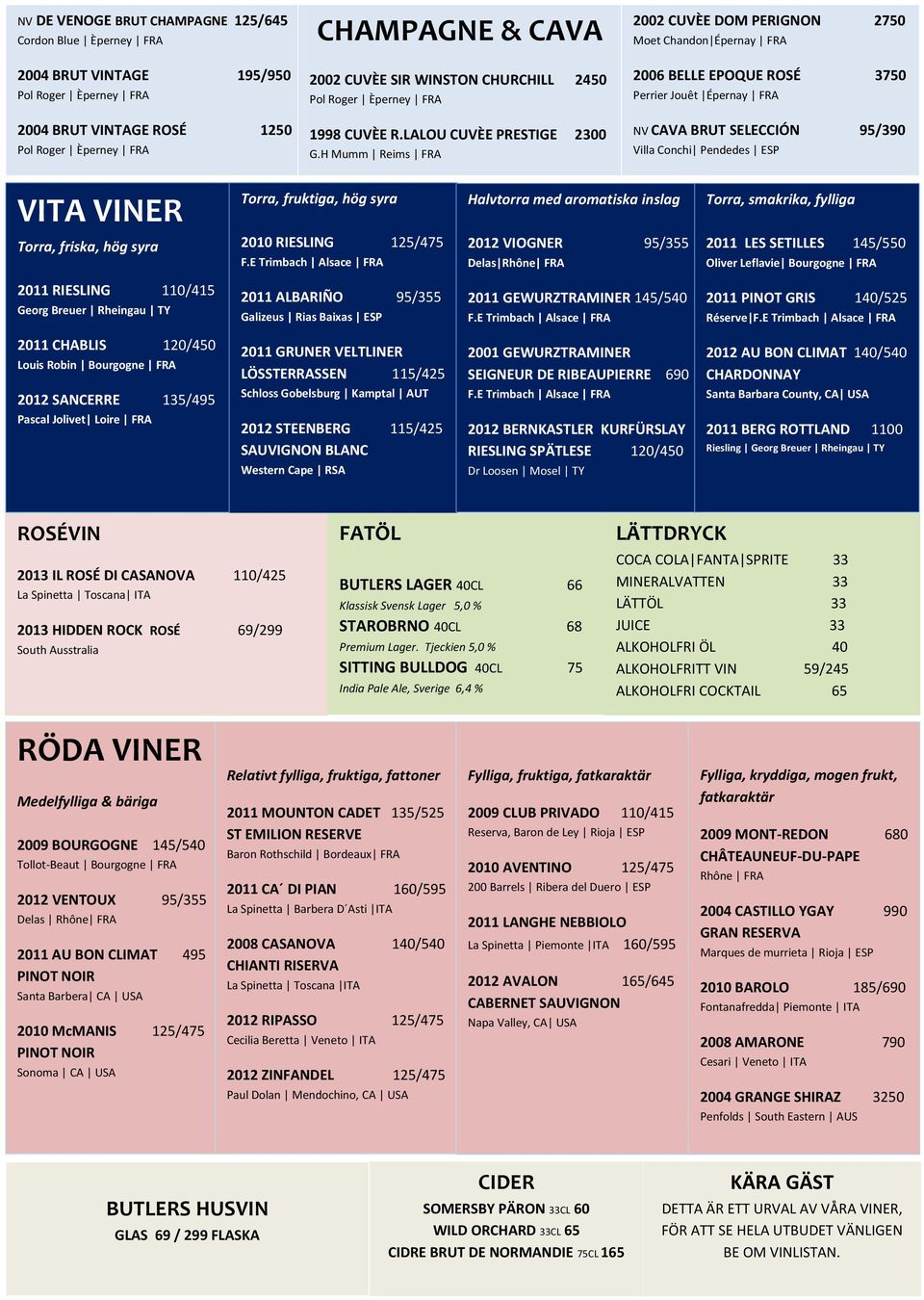 H Mumm Reims FRA 2002 CUVÈE DOM PERIGNON 2750 Moet Chandon Épernay FRA 2006 BELLE EPOQUE ROSÉ 3750 Perrier Jouêt Épernay FRA NV CAVA BRUT SELECCIÓN 95/390 Villa Conchi Pendedes ESP VITA VINER Torra,