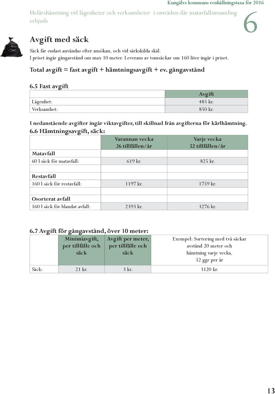 5 Fast avgift Lägenhet: Verksamhet: 485 kr. 850 kr. I nedanstående avgifter ingår viktavgifter, till skillnad från avgifterna för kärlhämtning. 6.