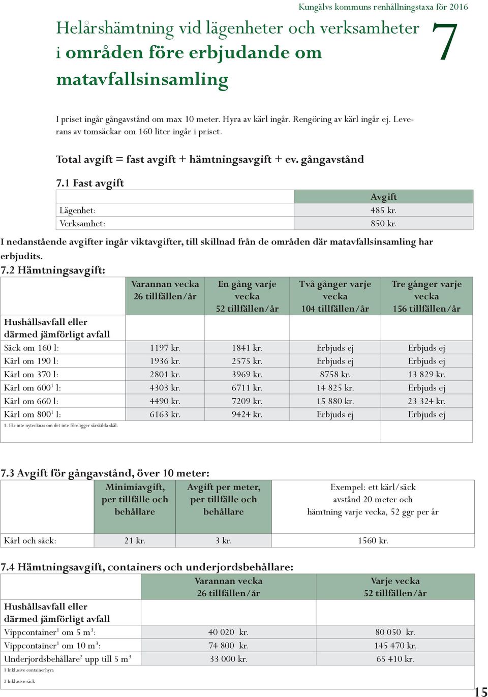 I nedanstående avgifter ingår viktavgifter, till skillnad från de områden där matavfallsinsamling har erbjudits. 7.