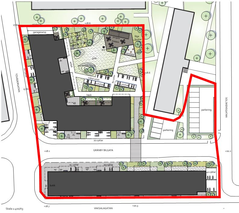 Sida 5 (10) Området planeras att exploateras i enlighet med arkitektritning, se Bild 2. Nya hus är svartmarkerade. Då detta är ett tidigt skede i arbetet kan exploateringen komma att ändras.