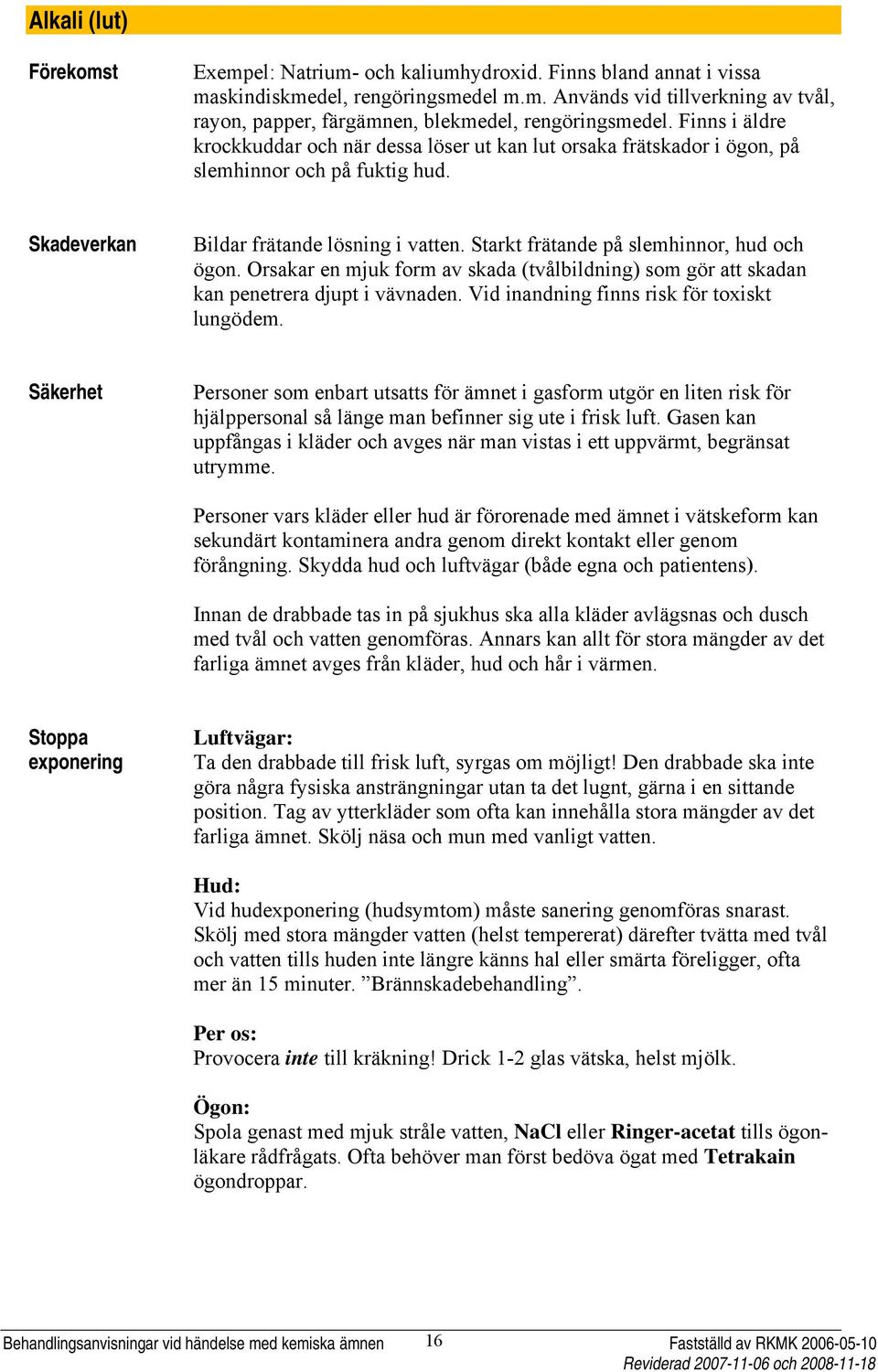 Starkt frätande på slemhinnor, hud och ögon. Orsakar en mjuk form av skada (tvålbildning) som gör att skadan kan penetrera djupt i vävnaden. Vid inandning finns risk för toxiskt lungödem.