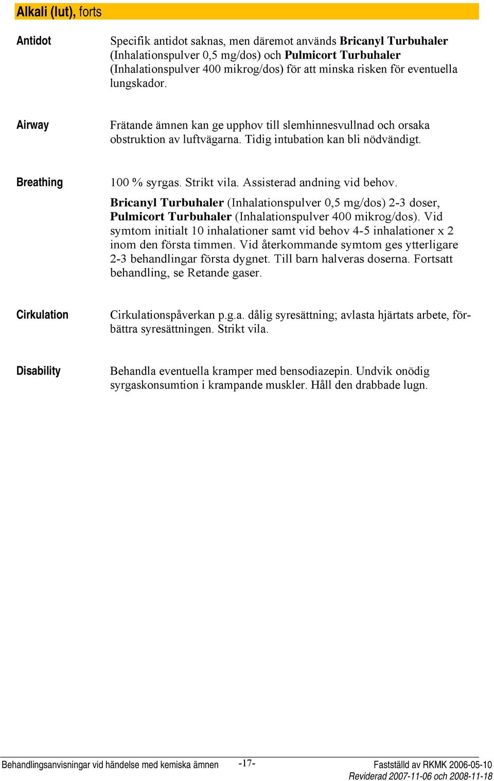 Strikt vila. Assisterad andning vid behov. Bricanyl Turbuhaler (Inhalationspulver 0,5 mg/dos) 2-3 doser, Pulmicort Turbuhaler (Inhalationspulver 400 mikrog/dos).