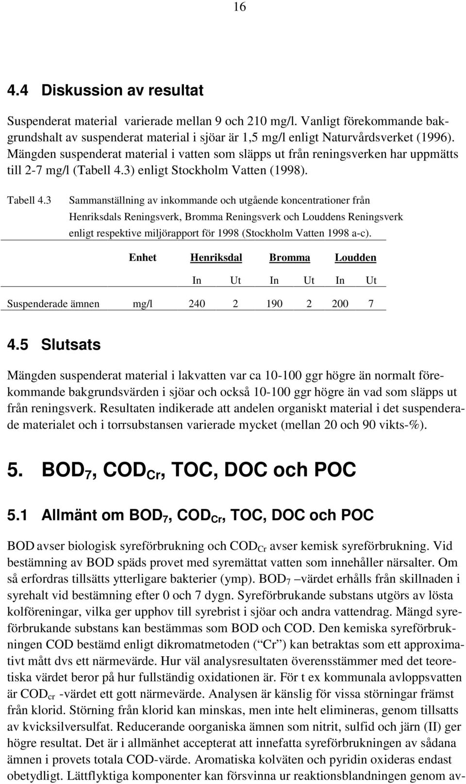 3 Sammanställning av inkommande och utgående koncentrationer från Henriksdals Reningsverk, Bromma Reningsverk och Louddens Reningsverk enligt respektive miljörapport för 1998 (Stockholm Vatten 1998