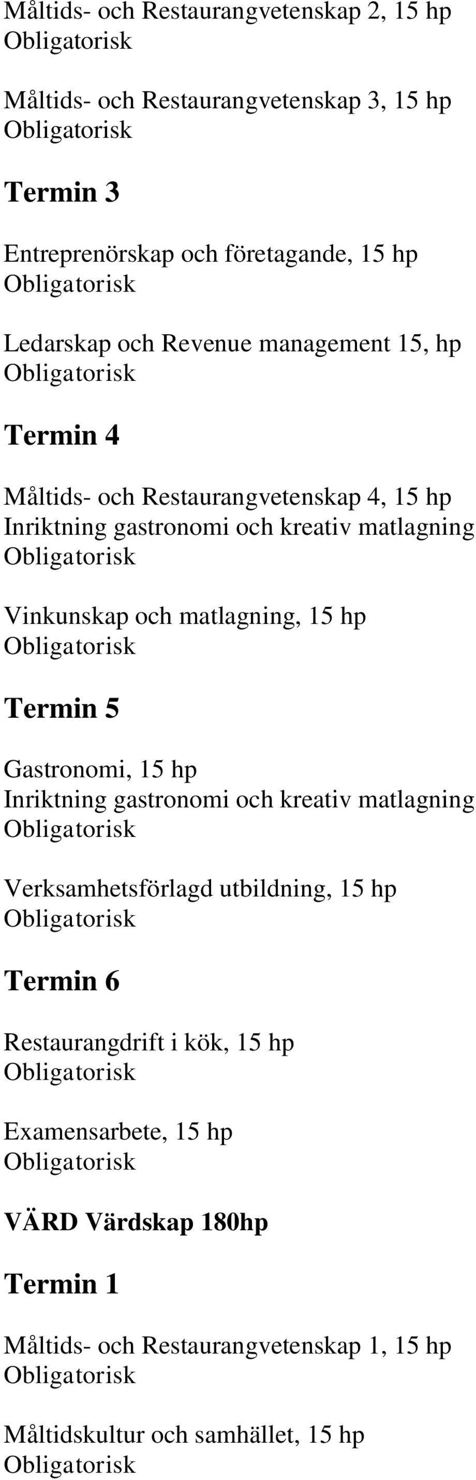 matlagning, 15 hp Termin 5 Gastronomi, 15 hp Inriktning gastronomi och kreativ matlagning Verksamhetsförlagd utbildning, 15 hp Termin 6