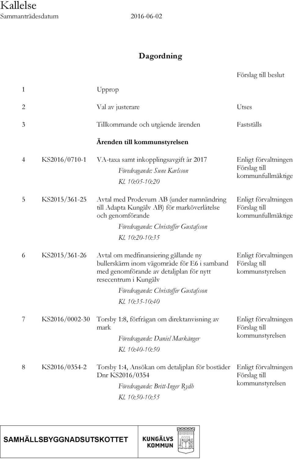 10:05-10:20 5 KS2015/361-25 Avtal med Prodevum AB (under namnändring till Adapta Kungälv AB) för marköverlåtelse och genomförande Föredragande: Christoffer Gustafsson Kl.