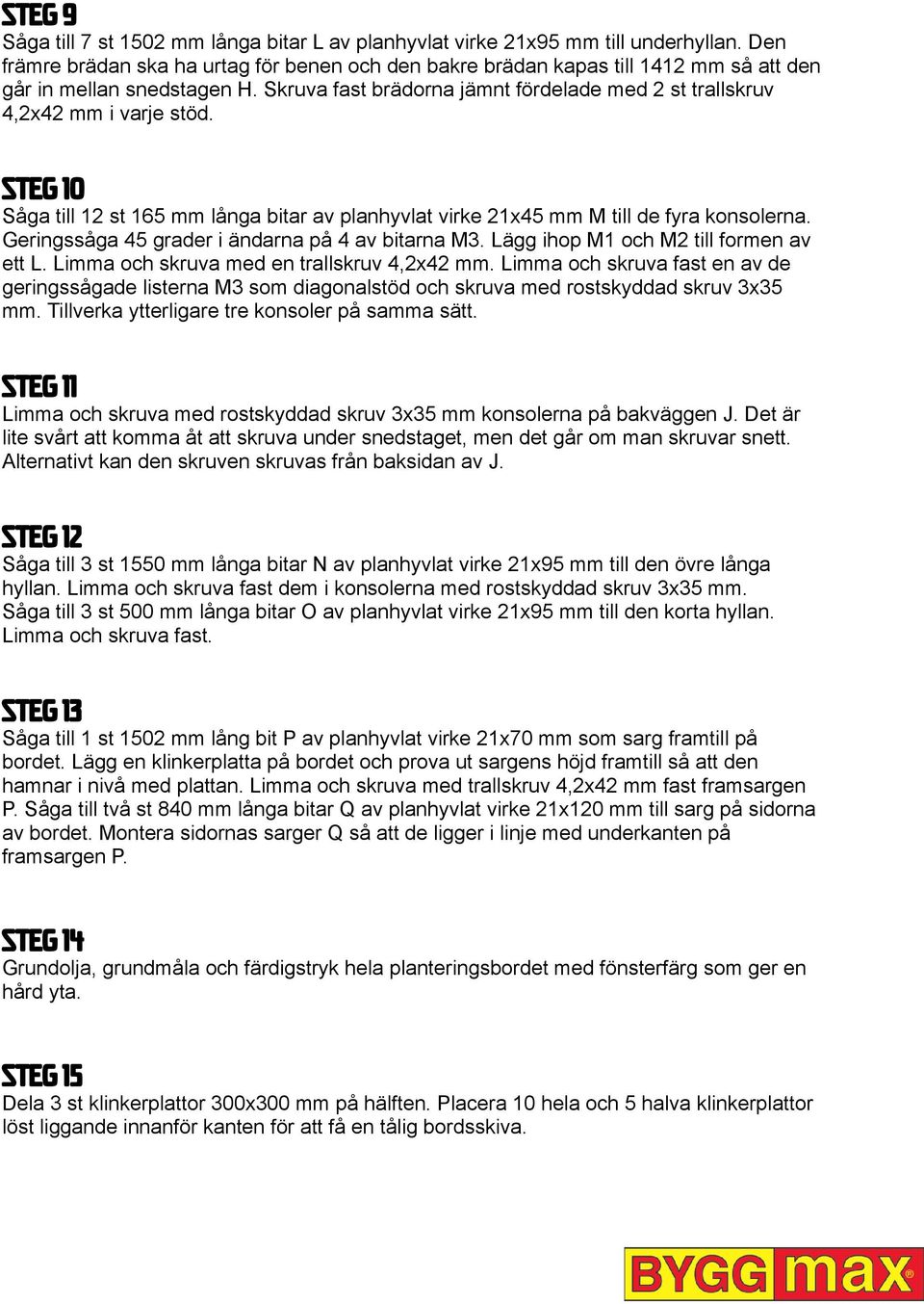 STEG 10 Såga till 12 st 165 mm långa bitar av planhyvlat virke 21x45 mm M till de fyra konsolerna. Geringssåga 45 grader i ändarna på 4 av bitarna M3. Lägg ihop M1 och M2 till formen av ett L.