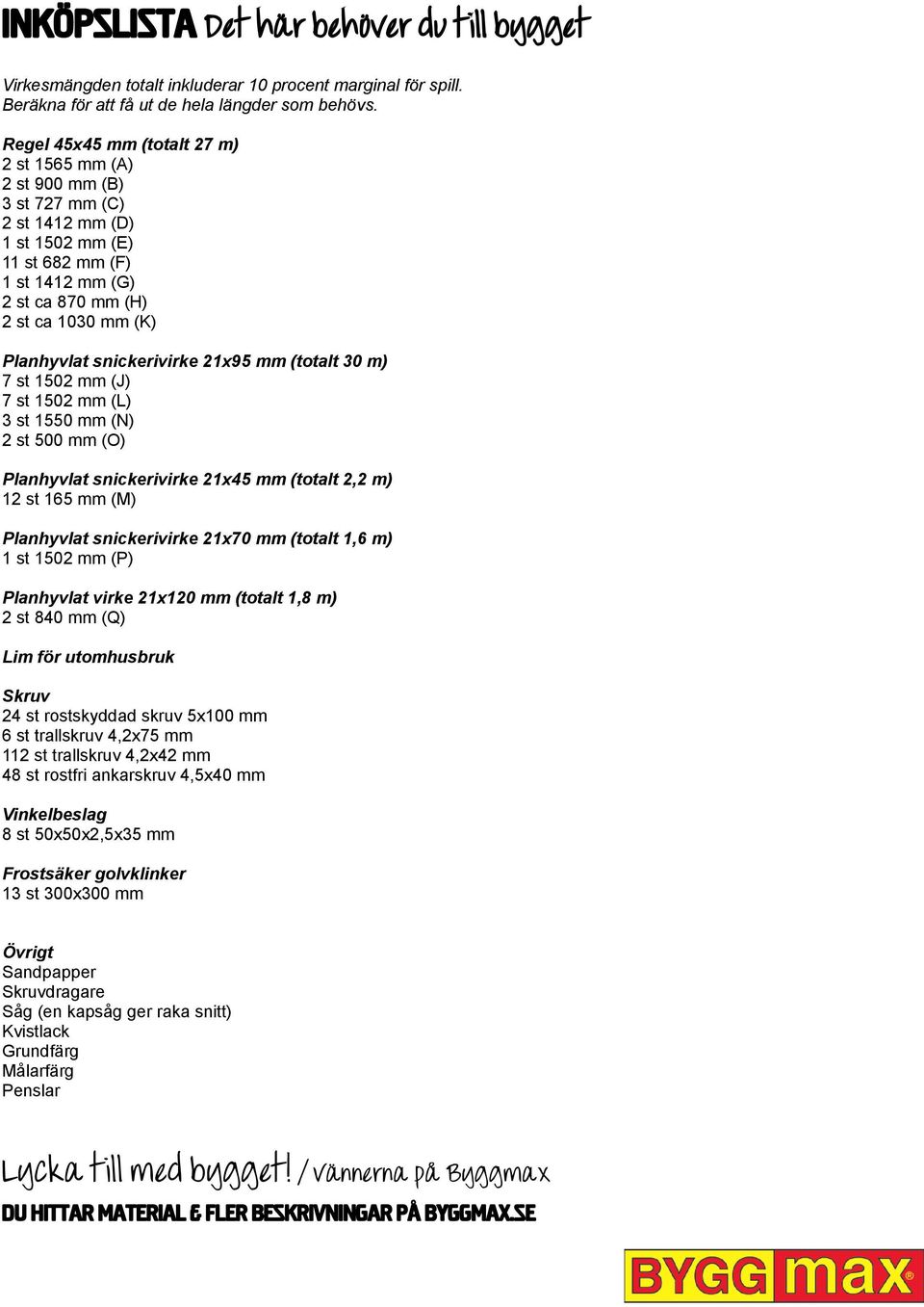 snickerivirke 21x95 mm (totalt 30 m) 7 st 1502 mm (J) 7 st 1502 mm (L) 3 st 1550 mm (N) 2 st 500 mm (O) Planhyvlat snickerivirke 21x45 mm (totalt 2,2 m) 12 st 165 mm (M) Planhyvlat snickerivirke