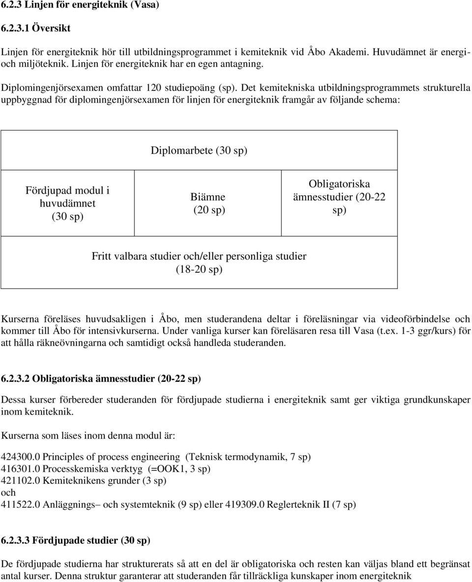 Det kemitekniska utbildningsprogrammets strukturella uppbyggnad för diplomingenjörsexamen för linjen för energiteknik framgår av följande schema: Diplomarbete (30 sp) Fördjupad modul i huvudämnet (30