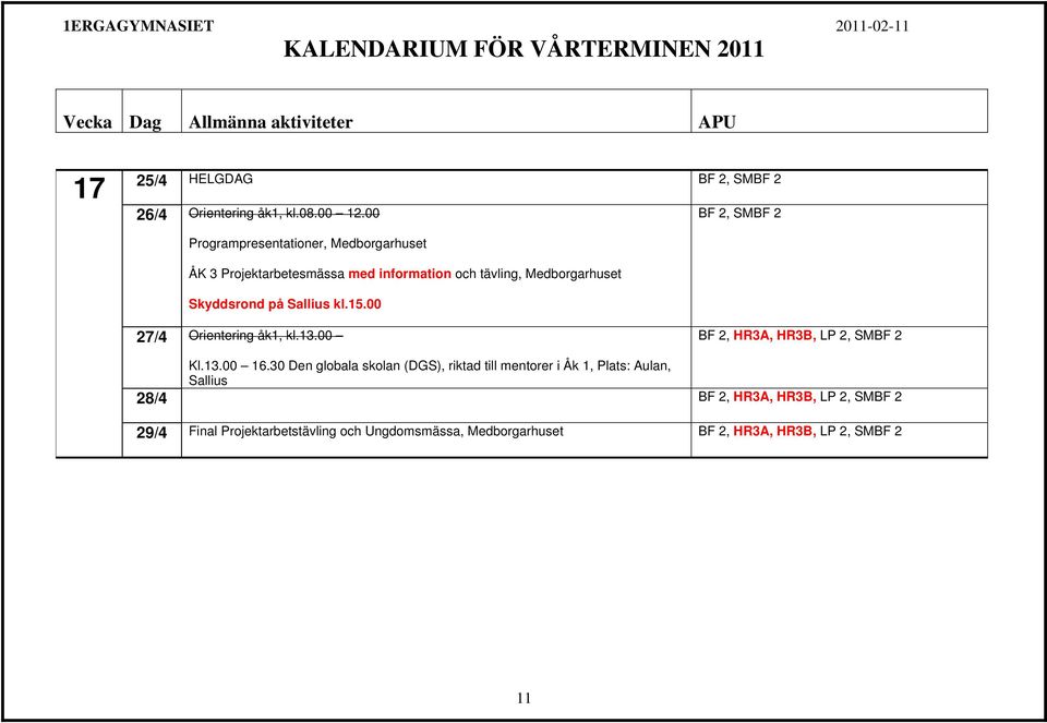 Skyddsrond på Sallius kl.15.00 27/4 Orientering åk1, kl.13.00 BF 2, HR3A, HR3B, LP 2, SMBF 2 Kl.13.00 16.