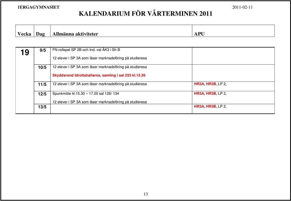 marknadsföring på studieresa Skyddsrond Idrottshallarna, samling i sal 233 kl.13.