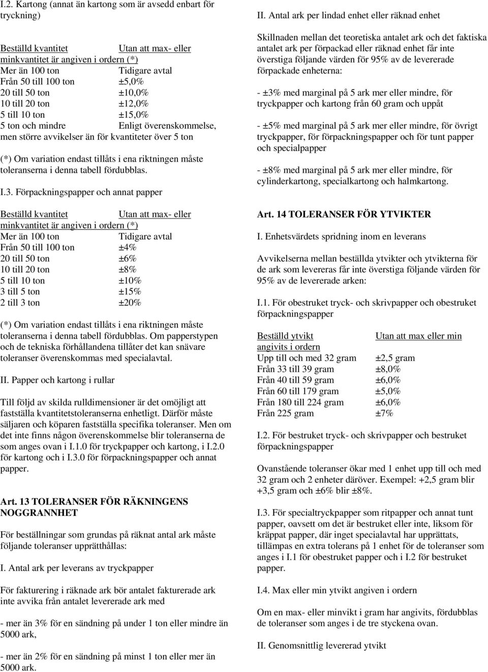 Förpackningspapper och annat papper Från 50 till 100 ton ±4% 20 till 50 ton ±6% 10 till 20 ton ±8% 5 till 10 ton ±10% 3 till 5 ton ±15% 2 till 3 ton ±20% Om papperstypen och de tekniska förhållandena