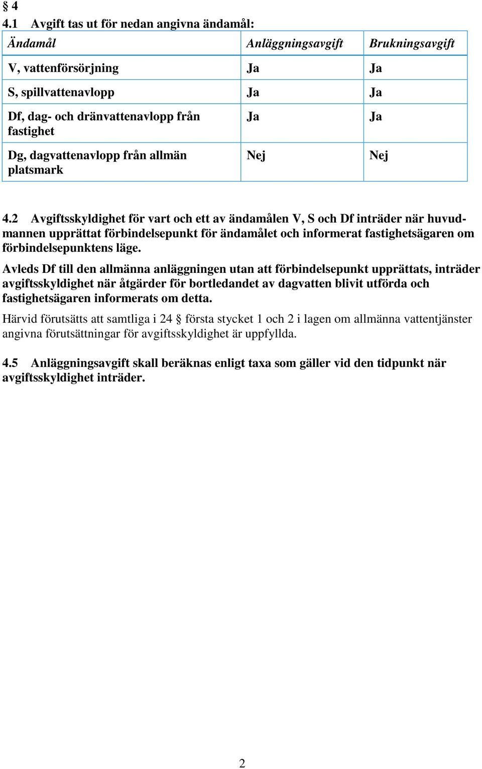 2 Avgiftsskyldighet för vart och ett av ändamålen V, S och Df inträder när huvudmannen upprättat förbindelsepunkt för ändamålet och informerat fastighetsägaren om förbindelsepunktens läge.