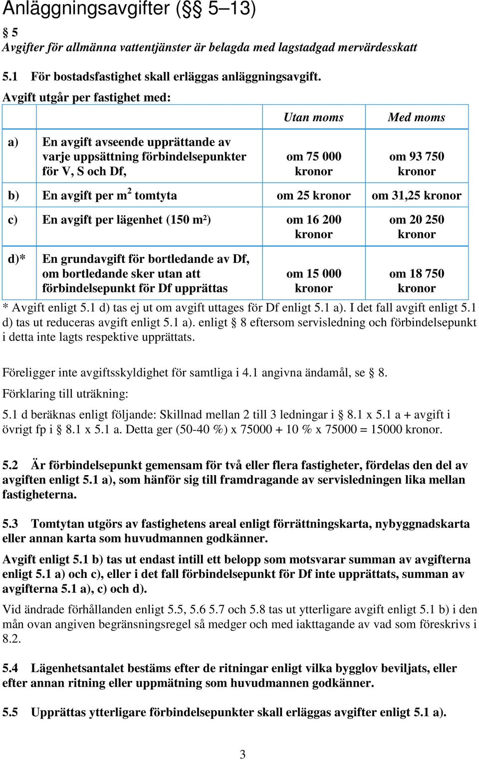 31,25 c) En avgift per lägenhet (150 m²) om 16 200 om 20 250 d)* En grundavgift för bortledande av Df, om bortledande sker utan att förbindelsepunkt för Df upprättas om 15 000 om 18 750 * Avgift