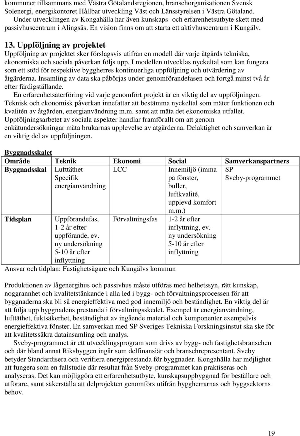 Uppföljning av projektet Uppföljning av projektet sker förslagsvis utifrån en modell där varje åtgärds tekniska, ekonomiska och sociala påverkan följs upp.