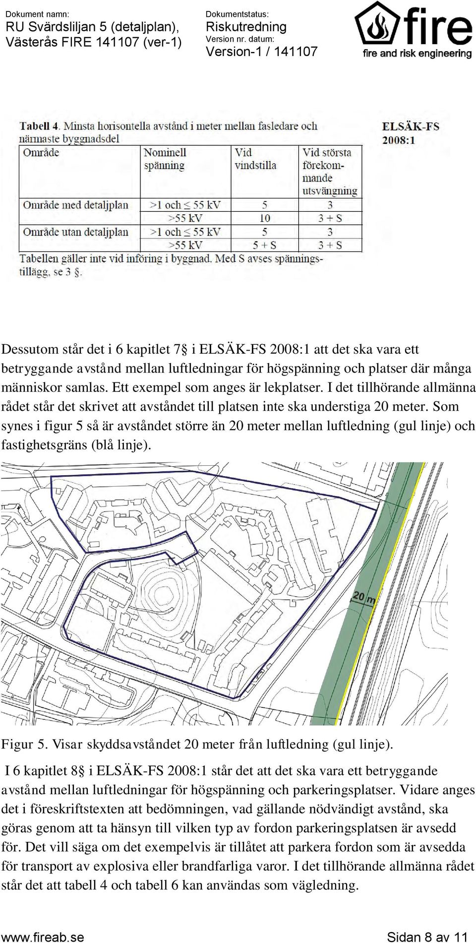 Som synes i figur 5 så är avståndet större än 20 meter mellan luftledning (gul linje) och fastighetsgräns (blå linje). Figur 5. Visar skyddsavståndet 20 meter från luftledning (gul linje).