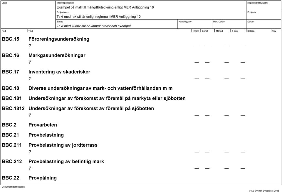 181 Föroreningsundersökning Markgasundersökningar Inventering av skaderisker Diverse undersökningar av ark- och vattenförhållanden