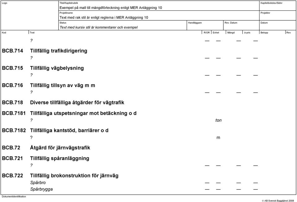 718 Tillfällig trafikdirigering Tillfällig vägbelysning Tillfällig tillsyn av väg Diverse tillfälliga åtgärder för vägtrafik BCB.