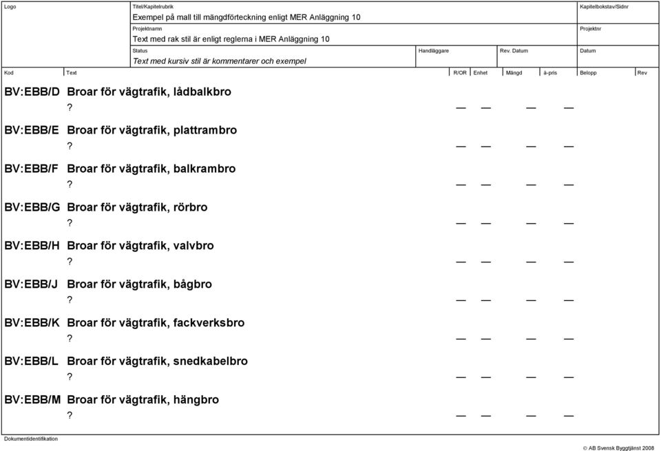 balkrabro BV:EBB/G Broar för vägtrafik, rörbro BV:EBB/H Broar för vägtrafik, valvbro BV:EBB/J Broar för vägtrafik, bågbro BV:EBB/K