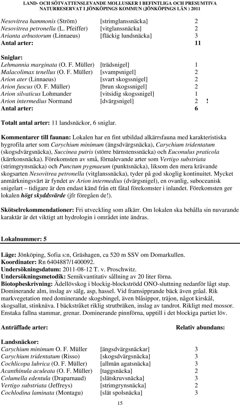 Müller) [trädsnigel] 1 Malacolimax tenellus (O. F. Müller) [svampsnigel] 2 Arion ater (Linnaeus) [svart skogssnigel] 2 Arion fuscus (O. F. Müller) [brun skogssnigel] 2 Arion silvaticus Lohmander [vitsidig skogssnigel] 1 Arion intermedius Normand [dvärgsnigel] 2!