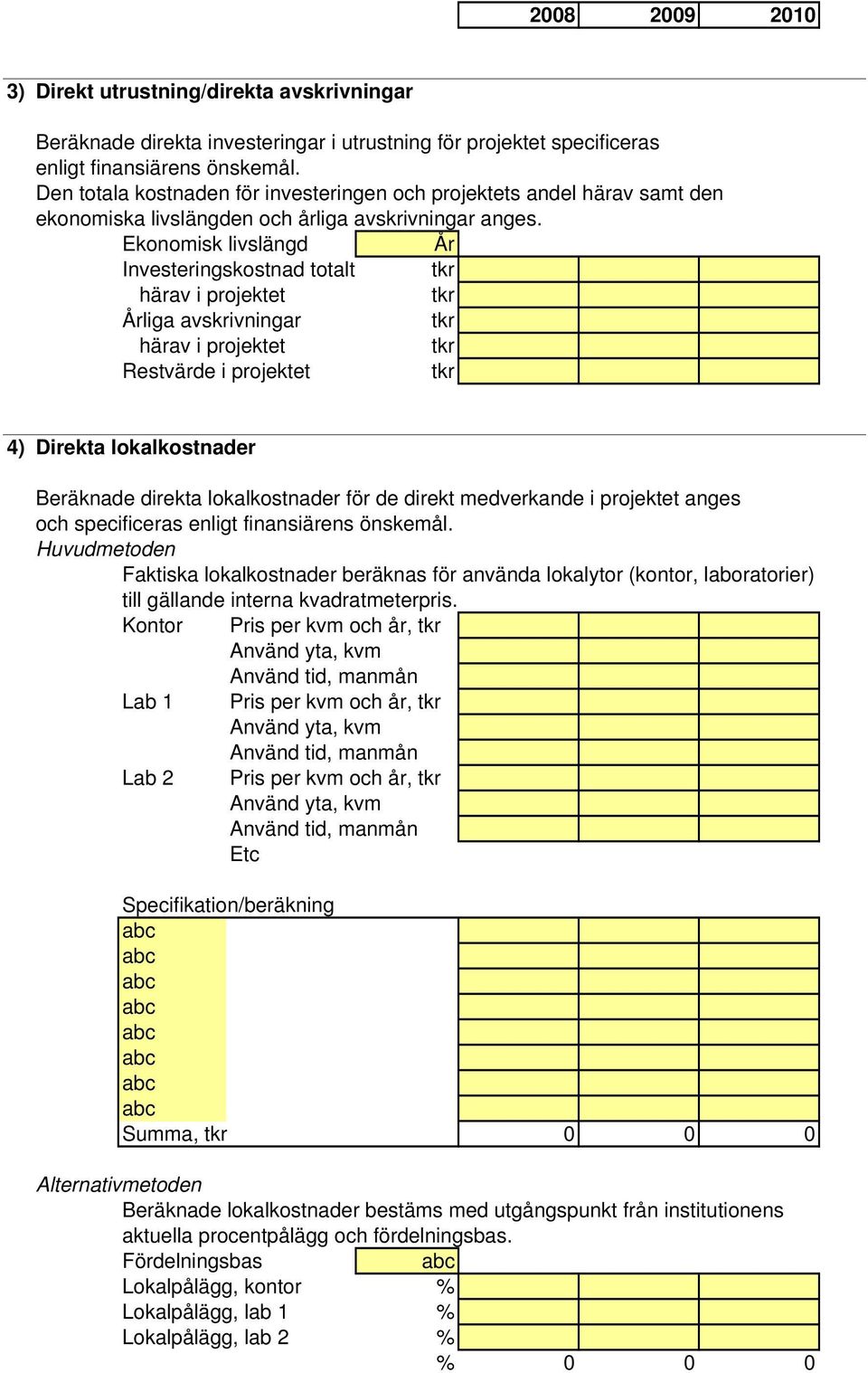 Ekonomisk livslängd År Investeringskostnad totalt härav i projektet Årliga avskrivningar härav i projektet Restvärde i projektet 4) Direkta lokalkostnader Beräknade direkta lokalkostnader för de