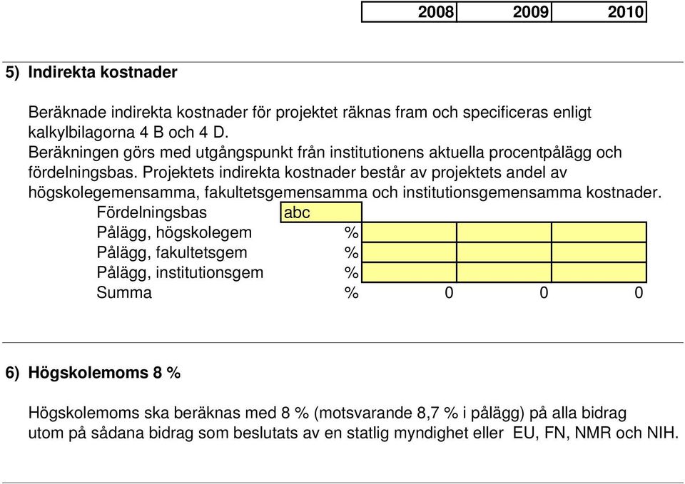 ets indirekta kostnader består av projektets andel av högskolegemensamma, fakultetsgemensamma och institutionsgemensamma kostnader.