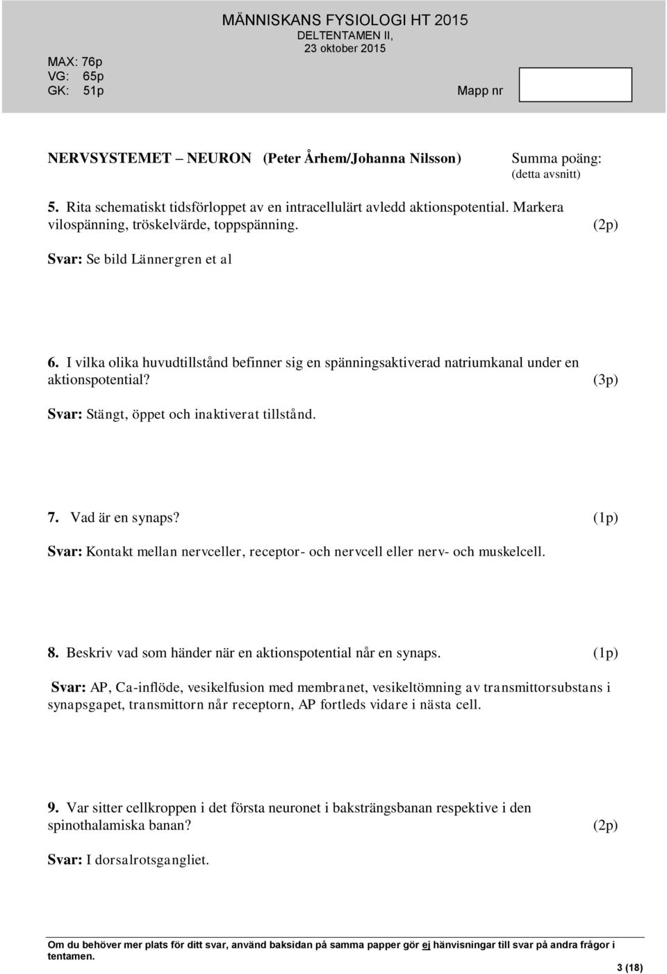 Vad är en synaps? (1p) Svar: Kontakt mellan nervceller, receptor- och nervcell eller nerv- och muskelcell. 8. Beskriv vad som händer när en aktionspotential når en synaps.