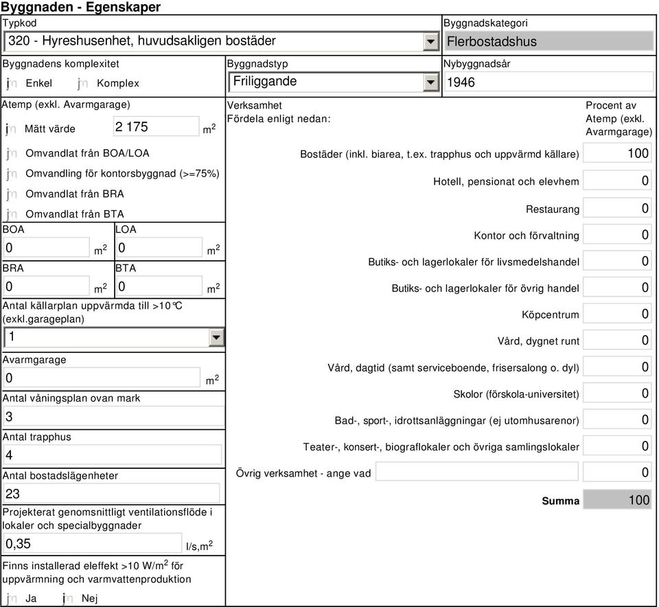 garageplan) 1 Avarmgarage Antal våningsplan ovan mark 3 Antal trapphus 4 Antal bostadslägenheter 23 Projekterat genomsnittligt ventilationsflöde i lokaler och specialbyggnader,35 Finns installerad