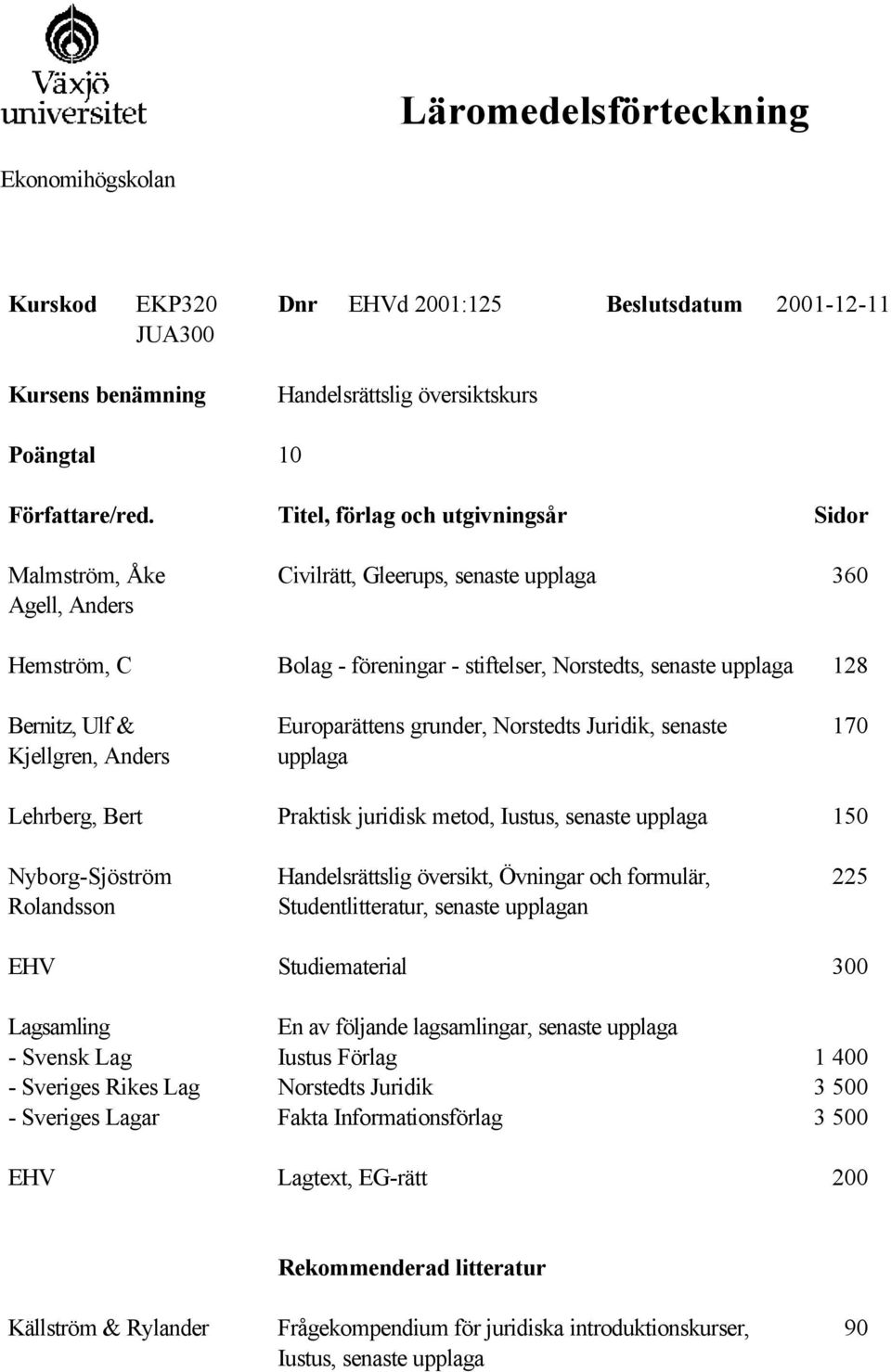 Norstedts Juridik, senaste 170 Lehrberg, Bert Praktisk juridisk metod, 150 Studentlitteratur, senaste n Lagsamling En av följande