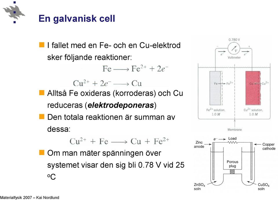 reduceras (elektrodeponeras) Den totala reaktionen är summan av