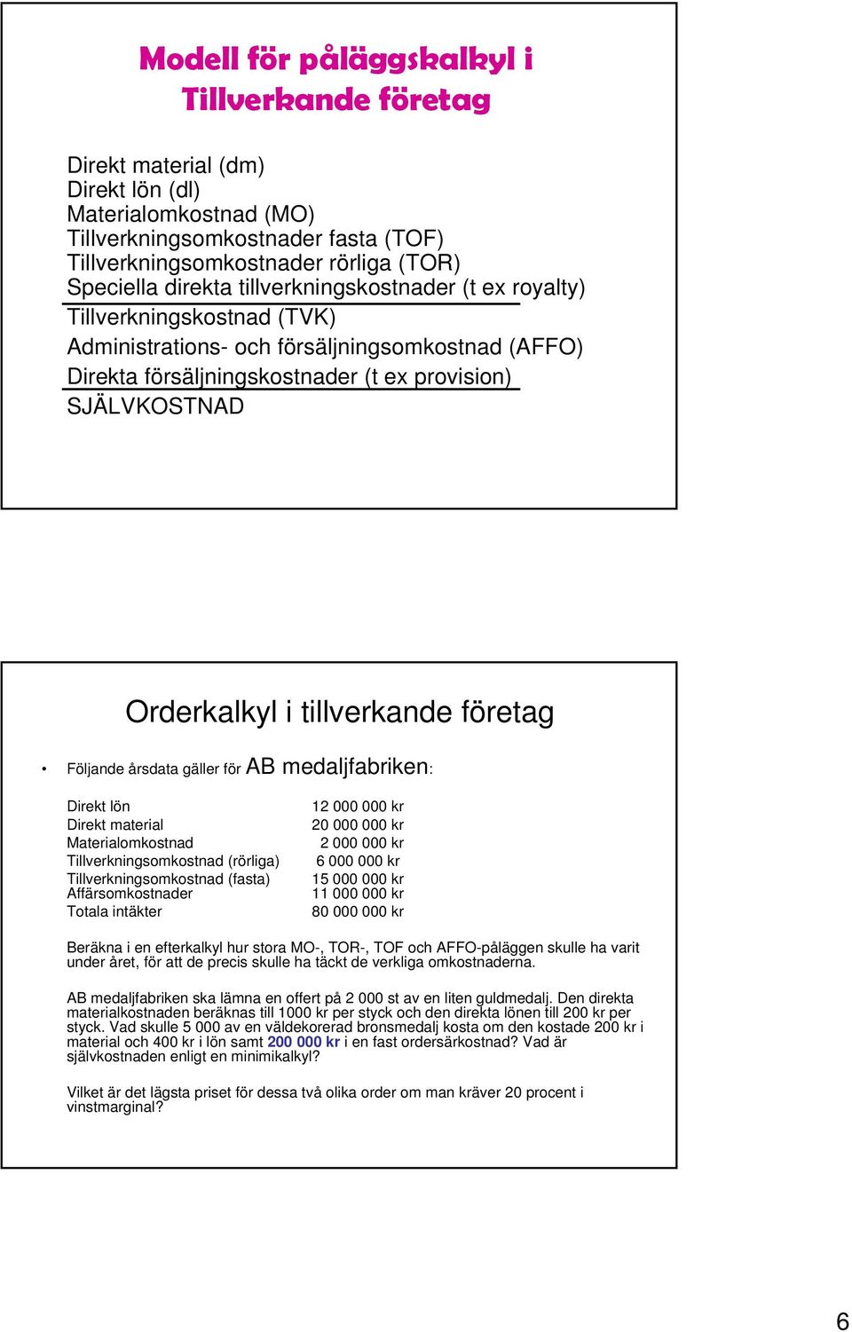 tillverkande företag Följande årsdata gäller för AB medaljfabriken: Direkt lön Direkt material Materialomkostnad Tillverkningsomkostnad (rörliga) Tillverkningsomkostnad (fasta) Affärsomkostnader