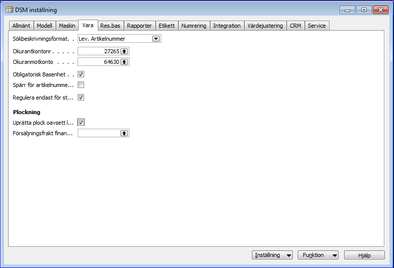 DSM inställning Till sist skall det under Service Inställningar DSM inställning fliken Vara anges två redovisningskontonummer för bokföringen av inkurans: ett Inkuranskontonr.