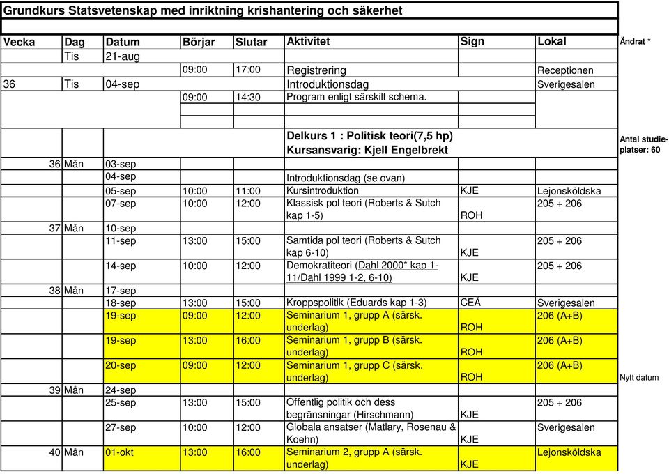 Delkurs 1 : Politisk teori(7,5 hp) Kursansvarig: Kjell Engelbrekt 36 Mån 03-sep 04-sep Introduktionsdag (se ovan) 05-sep 10:00 11:00 Kursintroduktion 07-sep 10:00 12:00 Klassisk pol teori (Roberts &