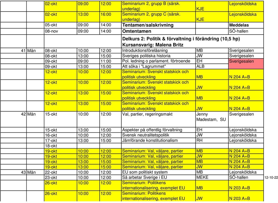 Introduktionsföreläsning MB 08-okt 13:00 15:00 Sveriges politiska historia JW 09-okt 09:00 11:00 Pol. ledning o parlament.