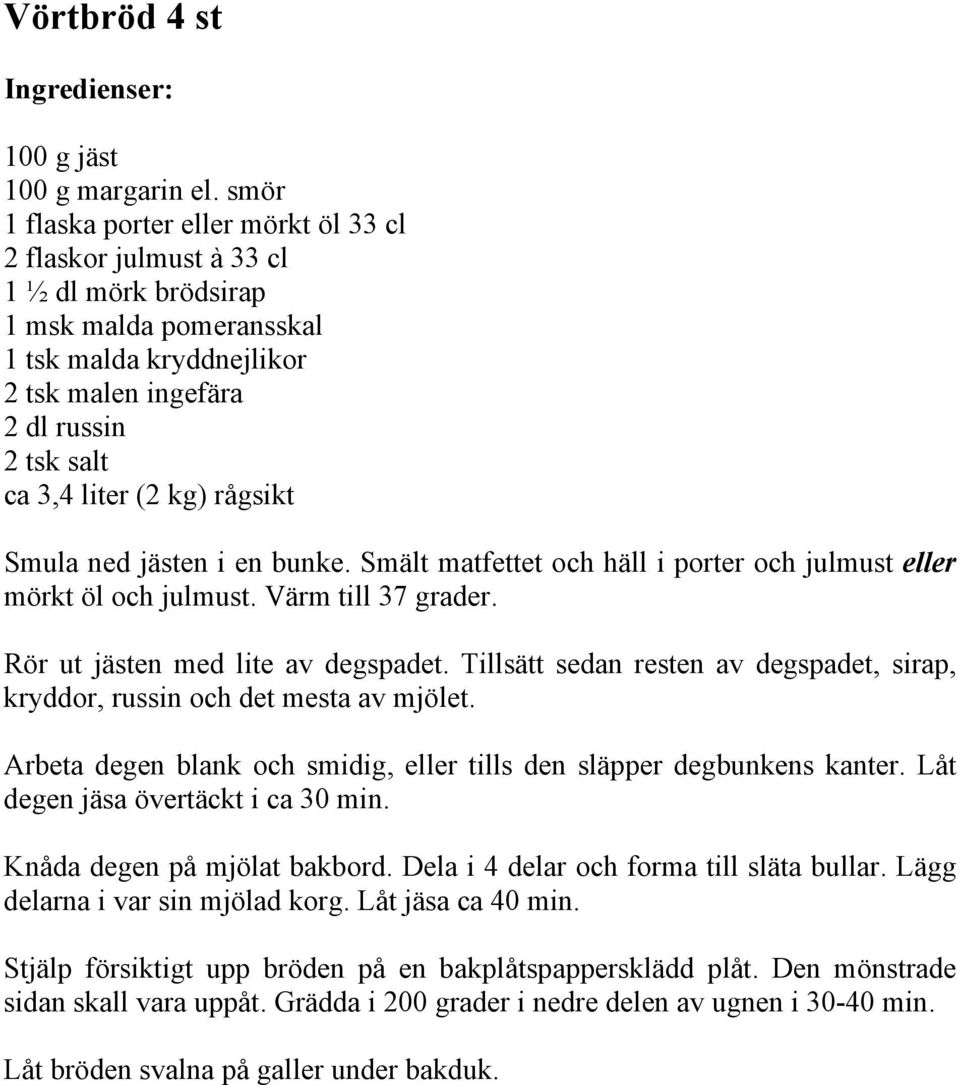 (2 kg) rågsikt Smula ned jästen i en bunke. Smält matfettet och häll i porter och julmust eller mörkt öl och julmust. Värm till 37 grader. Rör ut jästen med lite av degspadet.