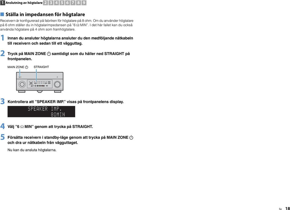 Innan du ansluter högtalarna ansluter du den medföljande nätkabeln till receivern och sedan till ett vägguttag. Tryck på MAIN ZONE samtidigt som du håller ned STAIGHT på frontpanelen.