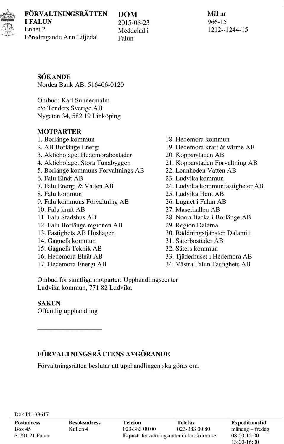 Kopparstaden Förvaltning AB 5. Borlänge kommuns Förvaltnings AB 22. Lennheden Vatten AB 6. Falu Elnät AB 23. Ludvika kommun 7. Falu Energi & Vatten AB 24. Ludvika kommunfastigheter AB 8.