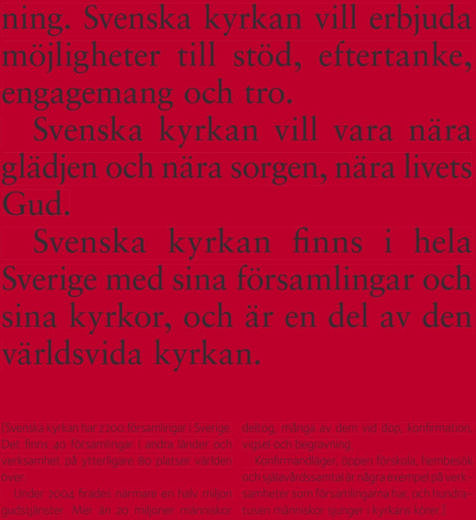 Det fi nns 40 församlingar i andra länder och verksamhet på ytterligare 80 platser världen över. Under 2004 fi rades närmare en halv miljon gudstjänster.