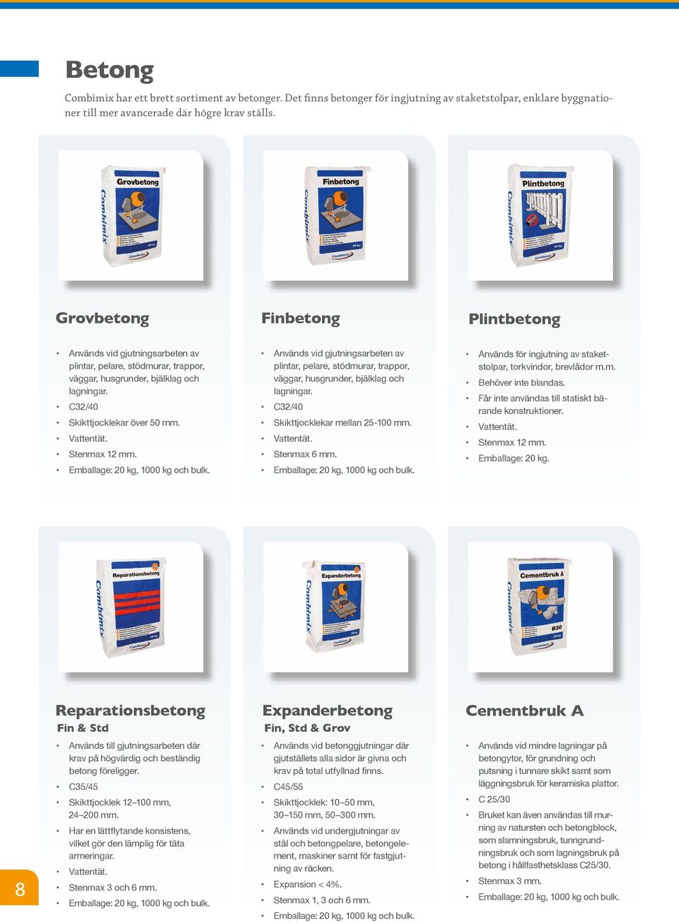Stenmax 12 mm. Används vid gjutningsarbeten av plintar, pelare, stödmurar, trappor, väggar, husgrunder, bjälklag och lagningar. C32/40 Skikttjocklekar mellan 25-100 mm. Vattentät. Stenmax 6 mm.