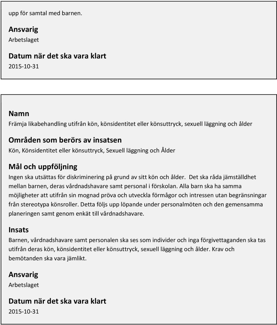 könsuttryck, Sexuell läggning och Ålder Ingen ska utsättas för diskriminering på grund av sitt kön och ålder. Det ska råda jämställdhet mellan barnen, deras vårdnadshavare samt personal i förskolan.