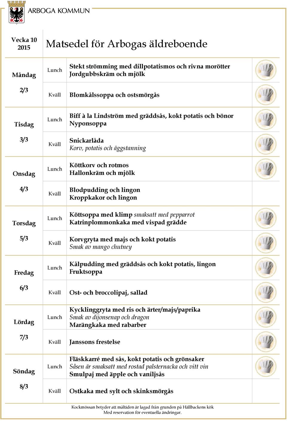 med vispad grädde Korvgryta med majs och kokt potatis Smak av mango chutney 6/3 Kålpudding med gräddsås och kokt potatis, lingon Fruktsoppa Ost- och broccolipaj, sallad 7/3 Kycklinggryta med ris och