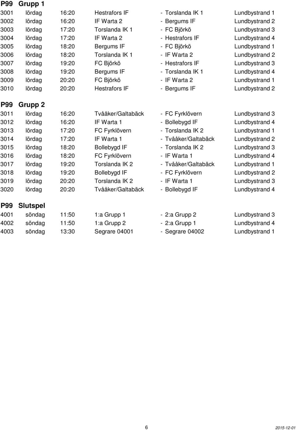 - Hestrafors IF Lundbystrand 3 3008 lördag 19:20 Bergums IF - Torslanda IK 1 Lundbystrand 4 3009 lördag 20:20 FC Björkö - IF Warta 2 Lundbystrand 1 3010 lördag 20:20 Hestrafors IF - Bergums IF