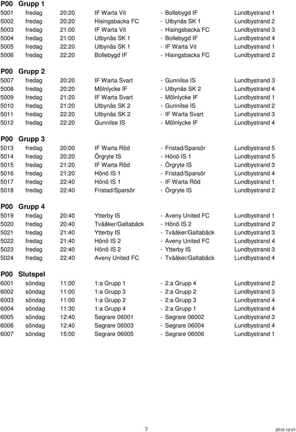 5007 fredag 20:20 IF Warta Svart - Gunnilse IS Lundbystrand 3 5008 fredag 20:20 Mölnlycke IF - Utbynäs SK 2 Lundbystrand 4 5009 fredag 21:20 IF Warta Svart - Mölnlycke IF Lundbystrand 1 5010 fredag