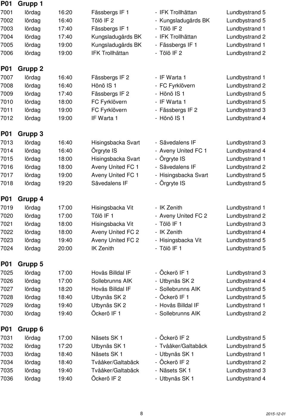 P01 Grupp 2 7007 lördag 16:40 Fässbergs IF 2 - IF Warta 1 Lundbystrand 1 7008 lördag 16:40 Hönö IS 1 - FC Fyrklövern Lundbystrand 2 7009 lördag 17:40 Fässbergs IF 2 - Hönö IS 1 Lundbystrand 5 7010